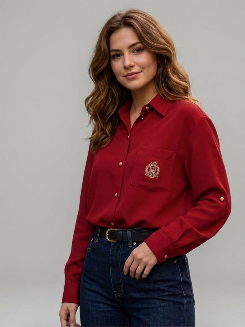 Vintage Lauren Ralph Lauren Women's 100% Silk Button Blouse Royal Crest Size L